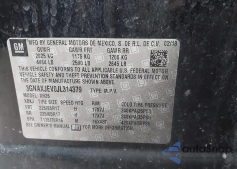 2018 Chevrolet Equinox Lt из США, поврежденный, VIN 3GNAXJEV0JL314379